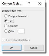 Chuyển đổi từ bảng Word thành văn bản bước 4