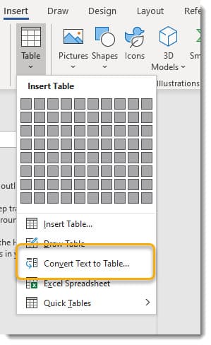 Chuyển đổi văn bản thành bảng Word bước 2