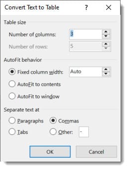 Chuyển đổi văn bản thành bảng Word bước 3