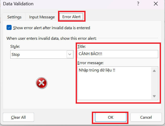 Hướng dẫn tạo bảng cảnh báo khi nhập trùng nội dung Excel bước 4