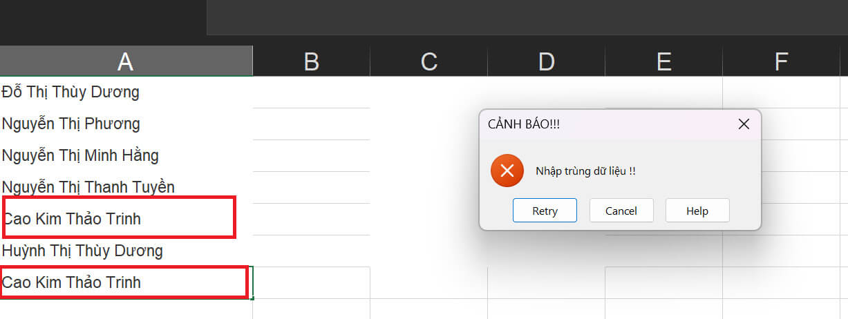 Hướng dẫn tạo bảng cảnh báo khi nhập trùng nội dung Excel bước 5