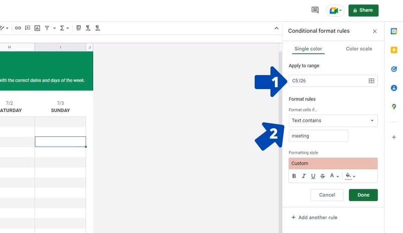 Sử dụng định dạng có điều kiện trong Thời gian biểu trong Google Sheets bước 3